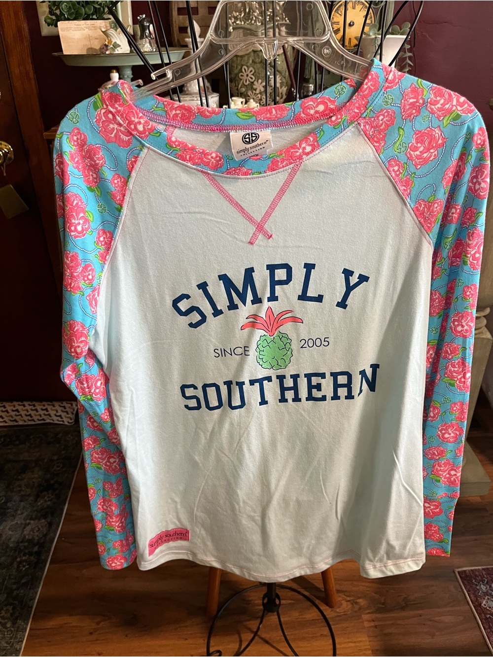 Simply Southern Tee with Logo & Pink-Green Pineapple Floral Sleeves NEW